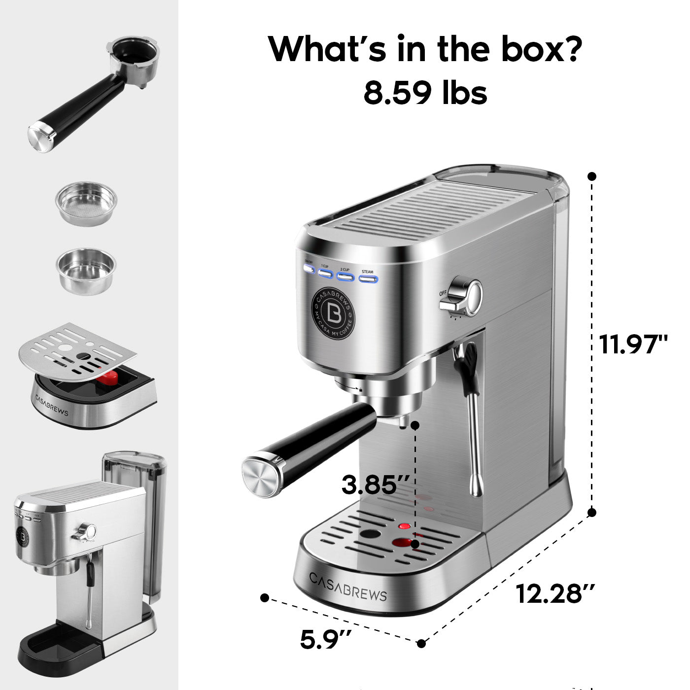 CASABREWS CM5418™ Kompakte 20-Bar-Espressomaschine mit Edelstahl-Milchaufschäumer und Dampfstab